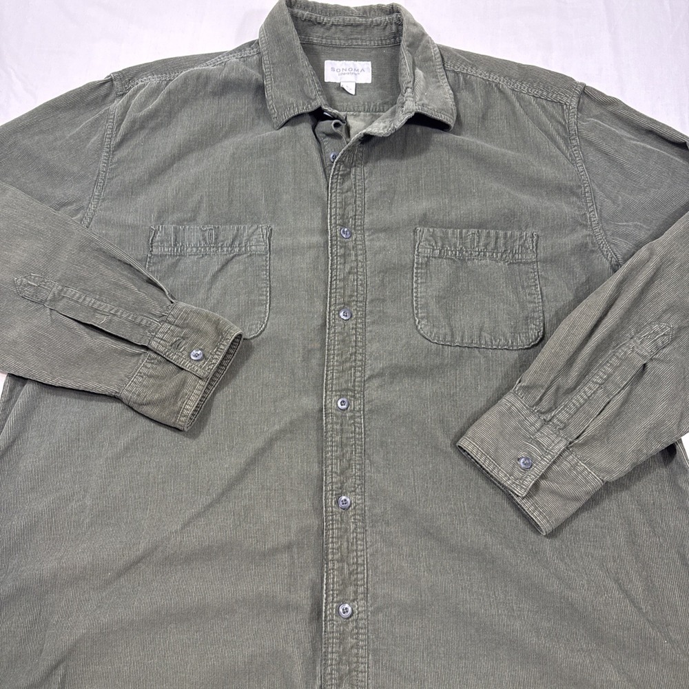 CORDUROY SHIRT Men's LARGE KHAKI GREEN  Button Down Long Sleeve SONOMA